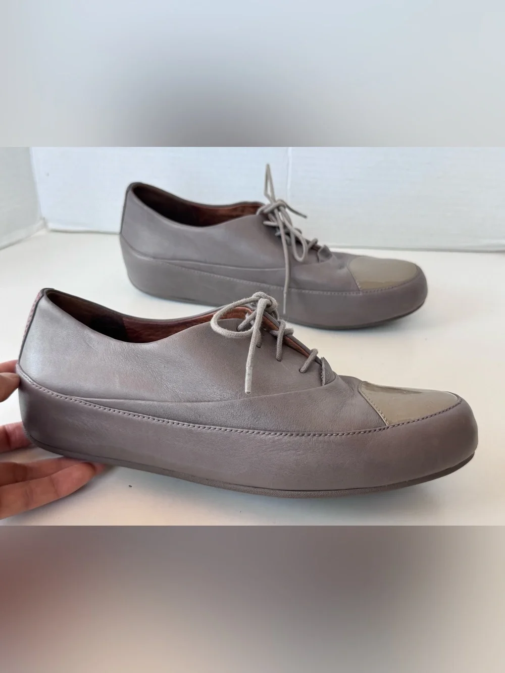 FitFlop Taupe Platform Cap Toe Leather Lace Up Oxford Shoes Women's Size 38.5